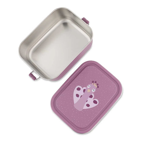 Open purple stainless steel lunch box, shown from above with its peacock-patterned lid detached.