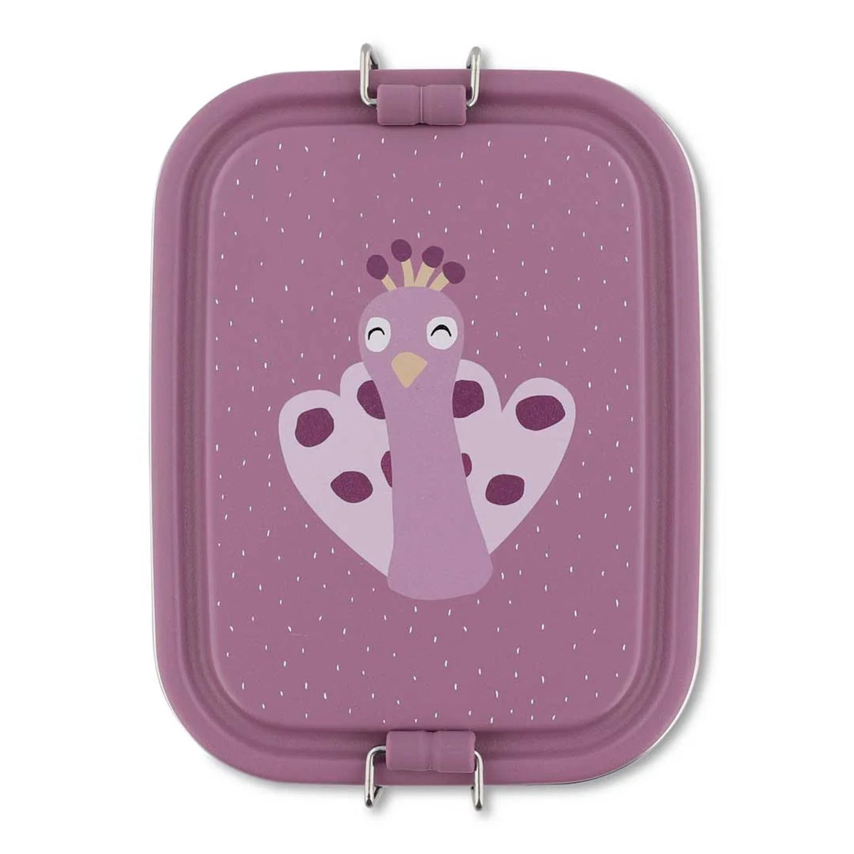 Top-down view of a purple kids lunch box lid featuring a peacock illustration with silver metal latches.