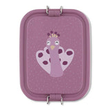 Top-down view of a purple kids lunch box lid featuring a peacock illustration with silver metal latches.