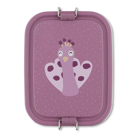 Top-down view of a purple kids lunch box lid featuring a peacock illustration with silver metal latches.