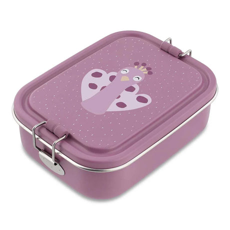Purple kids lunch box with a peacock illustration on the lid and silver metal side latches.