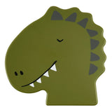 Top-down view of a green kids lunch box lid shaped like a dinosaur's head with spikes and a friendly smile.