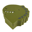 Green kids lunch box shaped like a dinosaur's head, featuring a friendly face and spikes on the lid.