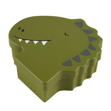 Green kids lunch box shaped like a dinosaur's head, featuring a friendly face and spikes on the lid.