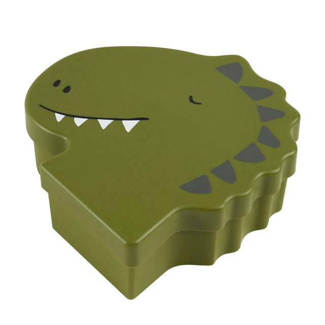 Green kids lunch box shaped like a dinosaur's head, featuring a friendly face and spikes on the lid.