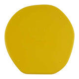 The back of a yellow lion-shaped lunch box with an embossed logo.