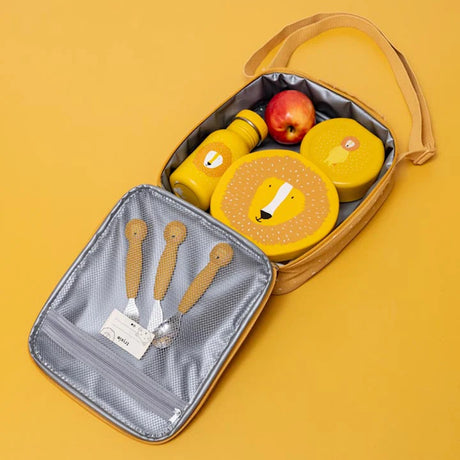 Open yellow lion-themed lunch bag filled with a matching bottle, containers, an apple, and utensils.