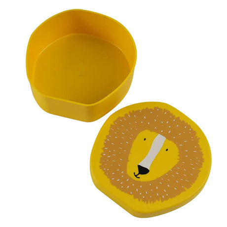 Open yellow lion-shaped snack box, shown from above on a white background with its lid detached.