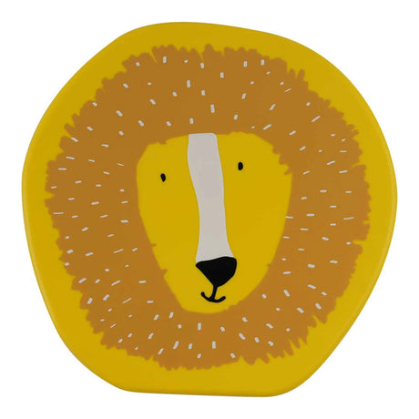 Top view of a yellow lunch box lid featuring a cartoon lion face.