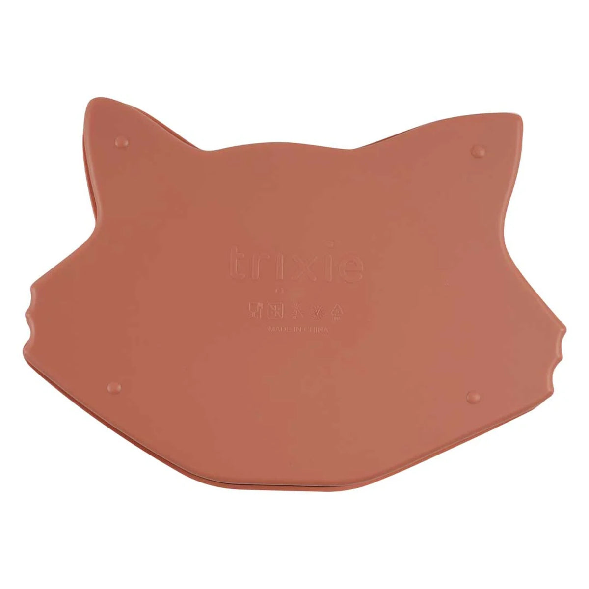 The back of a peach cat-shaped lunch box with an embossed logo.