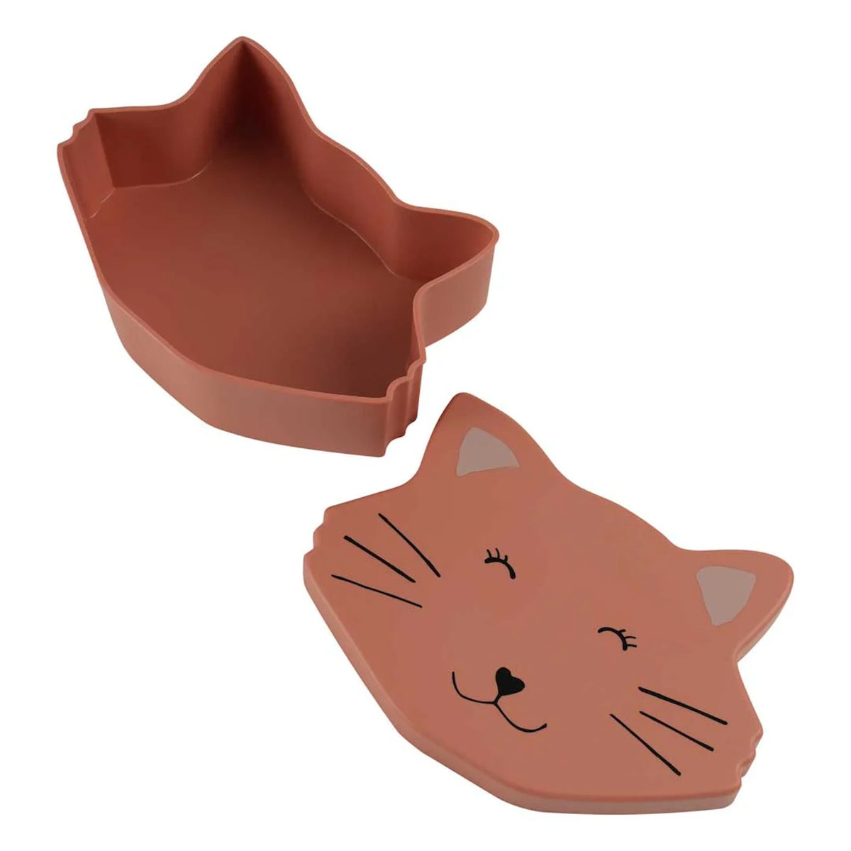 Open pinkish-brown kids lunch box shaped like a cat's head, showing the empty base and detached lid.
