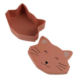 Open pinkish-brown kids lunch box shaped like a cat's head, showing the empty base and detached lid.