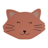 The lid of a peach cat-shaped lunch box featuring a cute cat face illustration with whiskers.