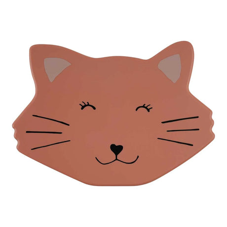The lid of a peach cat-shaped lunch box featuring a cute cat face illustration with whiskers.