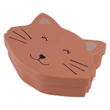 Pinkish-brown kids lunch box shaped like a cat's head, featuring a friendly face, whiskers, and pointy ears.