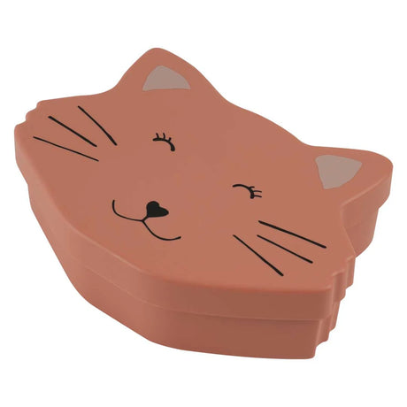 Pinkish-brown kids lunch box shaped like a cat's head, featuring a friendly face, whiskers, and pointy ears.
