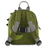 The back view of a green children's backpack with white specks, gray shoulder straps, and a chest strap.