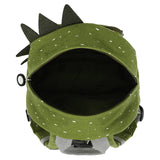 An open, green children's backpack with a white speckled pattern, grey handle, and fabric dinosaur spikes.