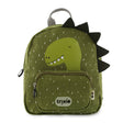 Green dinosaur backpack with a speckled pattern, a smiling dinosaur face, spikes, and a front pocket.