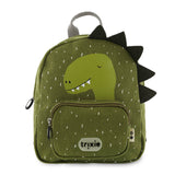 Green dinosaur backpack with a speckled pattern, a smiling dinosaur face, spikes, and a front pocket.