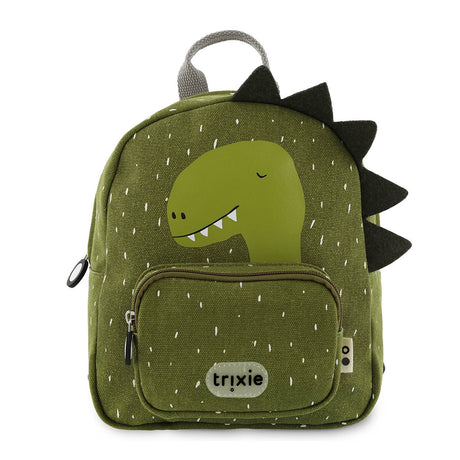 Green dinosaur backpack with a speckled pattern, a smiling dinosaur face, spikes, and a front pocket.