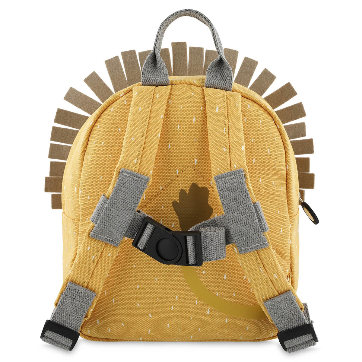 The back view of a yellow children's backpack with gray shoulder straps, a chest strap, and felt lion mane trim.