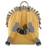 The back view of a yellow children's backpack with gray shoulder straps, a chest strap, and felt lion mane trim.