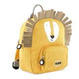 A yellow lion backpack with white speckles, a brown felt mane, a printed lion face, and a front pocket.