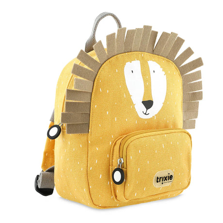 A yellow lion backpack with white speckles, a brown felt mane, a printed lion face, and a front pocket.