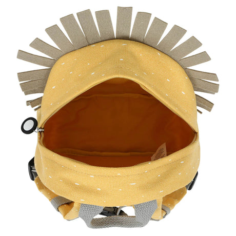 An open, yellow children's backpack with a white speckled pattern, grey handle, and a tan felt mane.