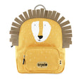 Yellow lion backpack with a speckled pattern, a friendly lion face, a brown felt mane, and a front pocket.