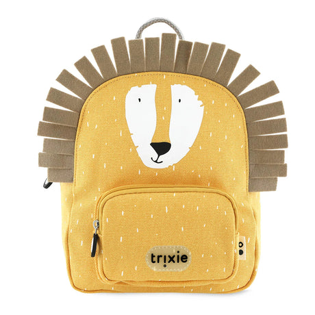 Yellow lion backpack with a speckled pattern, a friendly lion face, a brown felt mane, and a front pocket.