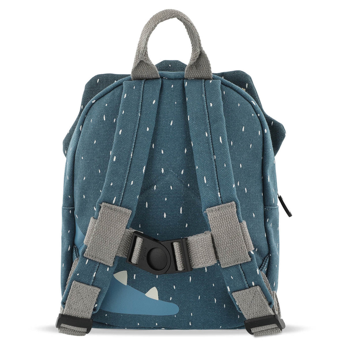 The back view of a blue dinosaur kids backpack with padded shoulder straps and a black chest buckle strap.
