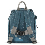 The back view of a blue dinosaur kids backpack with padded shoulder straps and a black chest buckle strap.