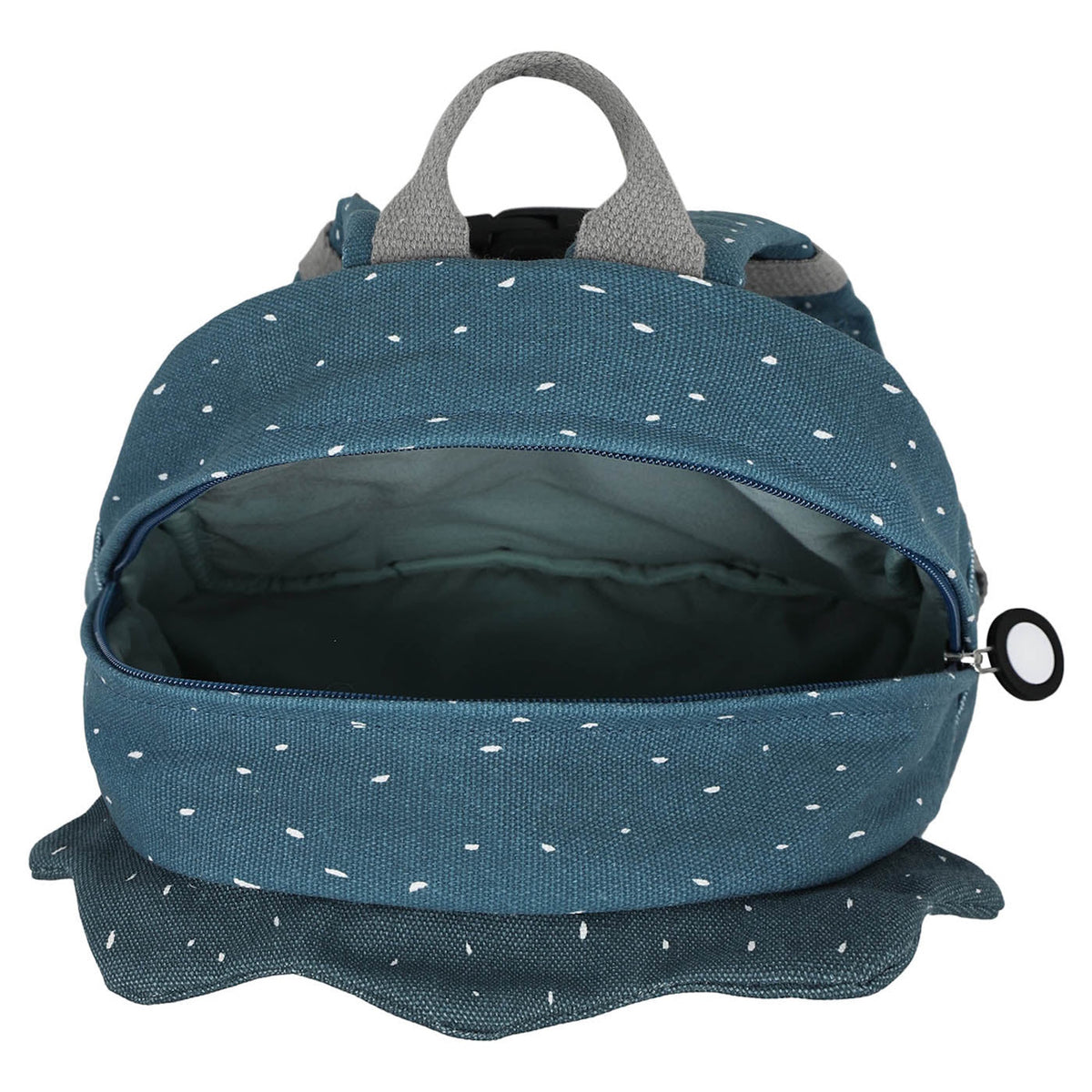Top view of an open blue dinosaur kids backpack, showing its wide empty main compartment and zippered closure.