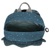 Top view of an open blue dinosaur kids backpack, showing its wide empty main compartment and zippered closure.