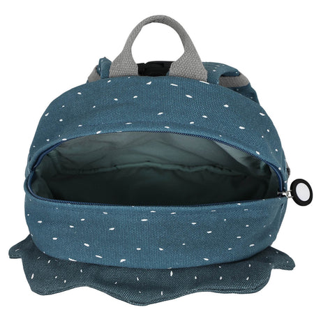 Top view of an open blue dinosaur kids backpack, showing its wide empty main compartment and zippered closure.