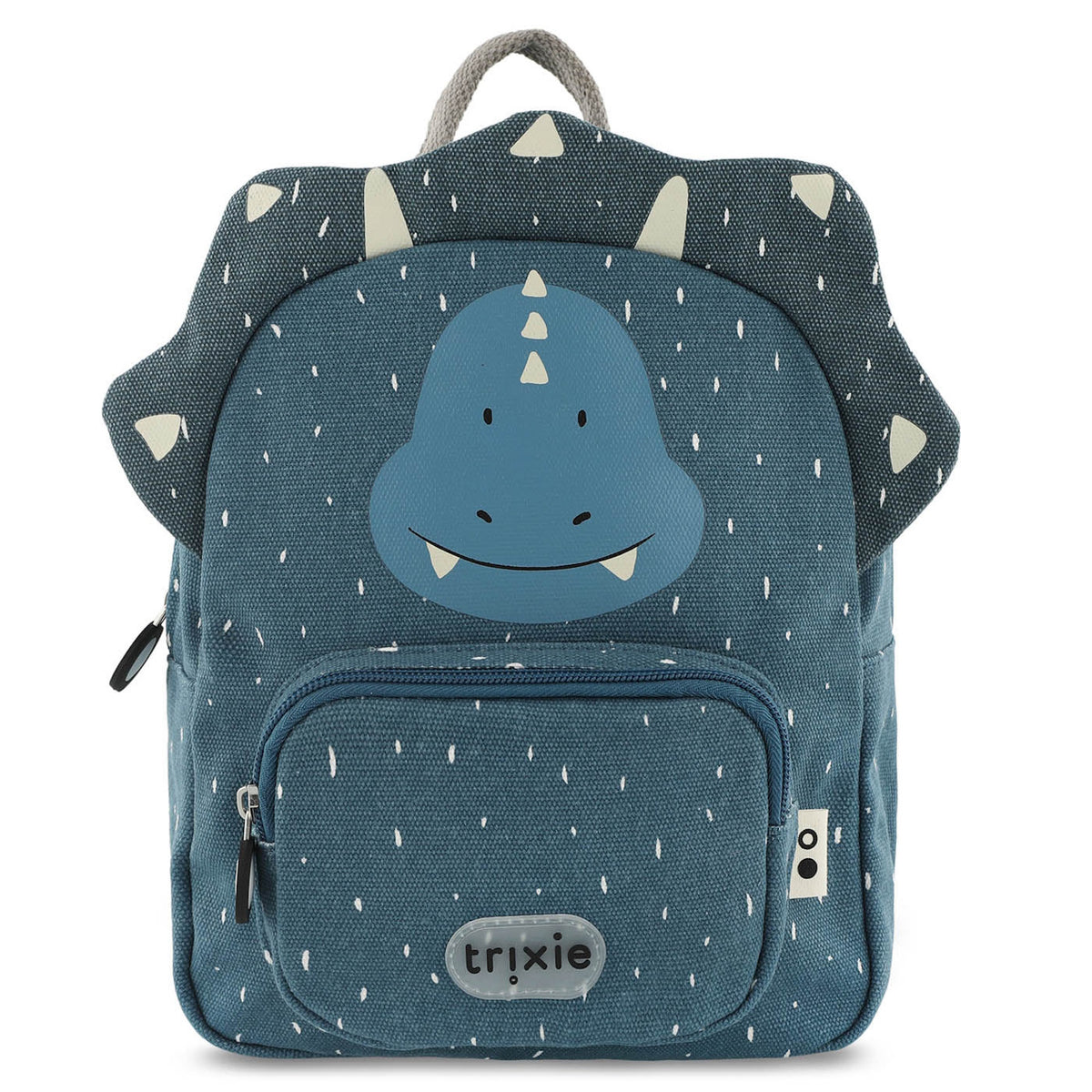 Blue kids backpack shaped like a triceratops dinosaur with a white speckled pattern.