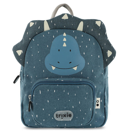 Blue kids backpack shaped like a triceratops dinosaur with a white speckled pattern.