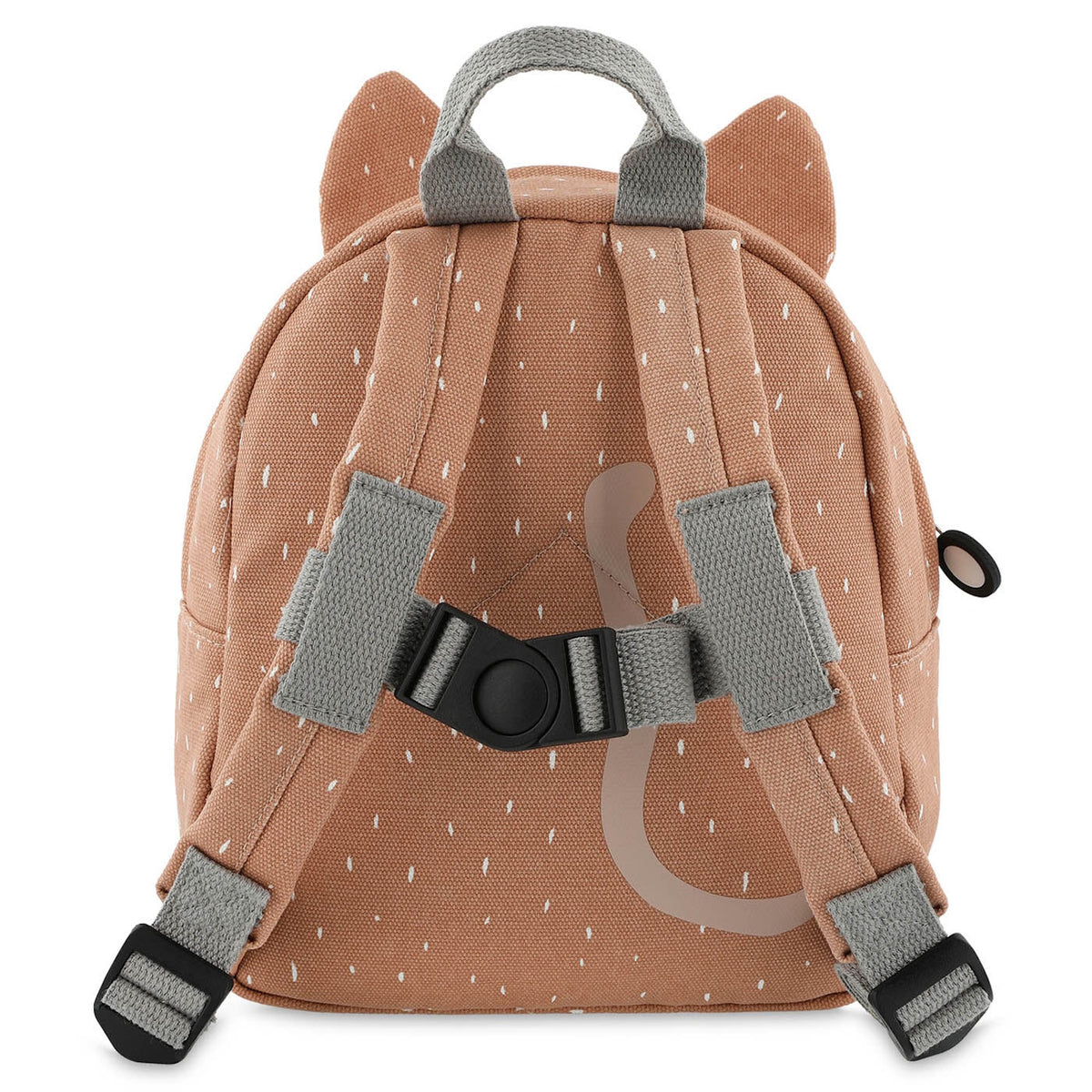 Back view of a light brown cat-themed kids backpack with padded shoulder straps and a black chest buckle.