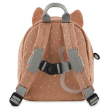 Back view of a light brown cat-themed kids backpack with padded shoulder straps and a black chest buckle.