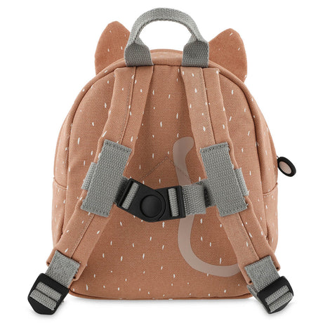 Back view of a light brown cat-themed kids backpack with padded shoulder straps and a black chest buckle.