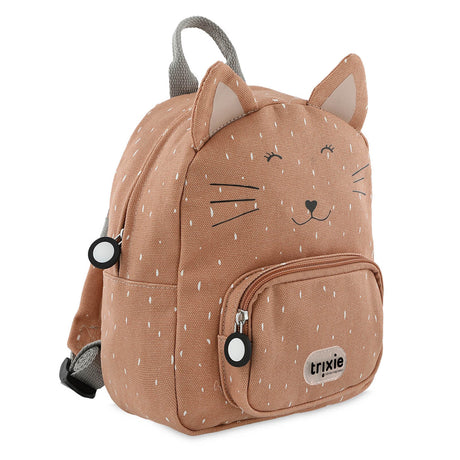 Side-angle view of a light brown kids backpack with cat features, showing its depth and zipper closures.