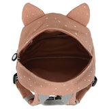 Top view of an open, light brown kids cat backpack showing the wide, empty inner compartment.