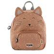 A light brown kids backpack shaped like a cat face with pointy ears, whiskers, and a white speckled pattern.