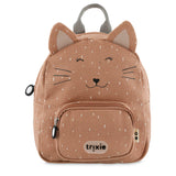 A light brown kids backpack shaped like a cat face with pointy ears, whiskers, and a white speckled pattern.