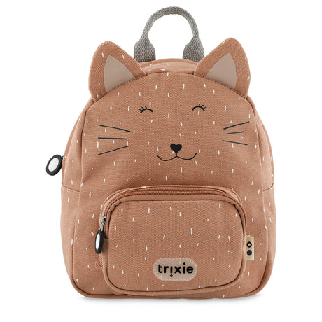 A light brown kids backpack shaped like a cat face with pointy ears, whiskers, and a white speckled pattern.