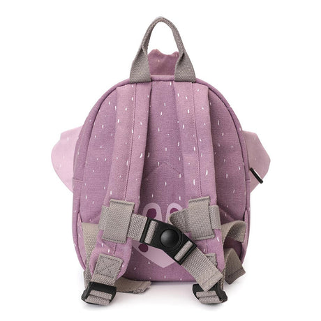 Back view of a purple peacock-themed kids backpack with padded shoulder straps and a black chest buckle.