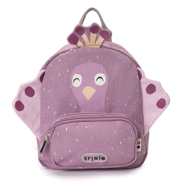 A purple kids backpack shaped like a peacock with a crown, side wings, and a white speckled pattern.