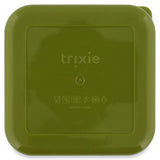The back of a square, olive green snack box with rounded corners and an embossed Trixie logo.